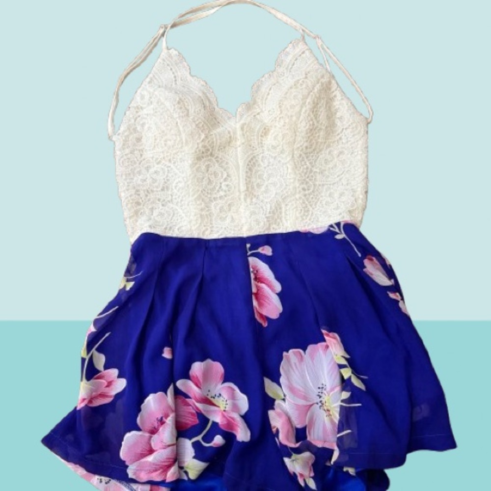 Tea and Cup White & Blue Floral Romper Dress NWT Size S